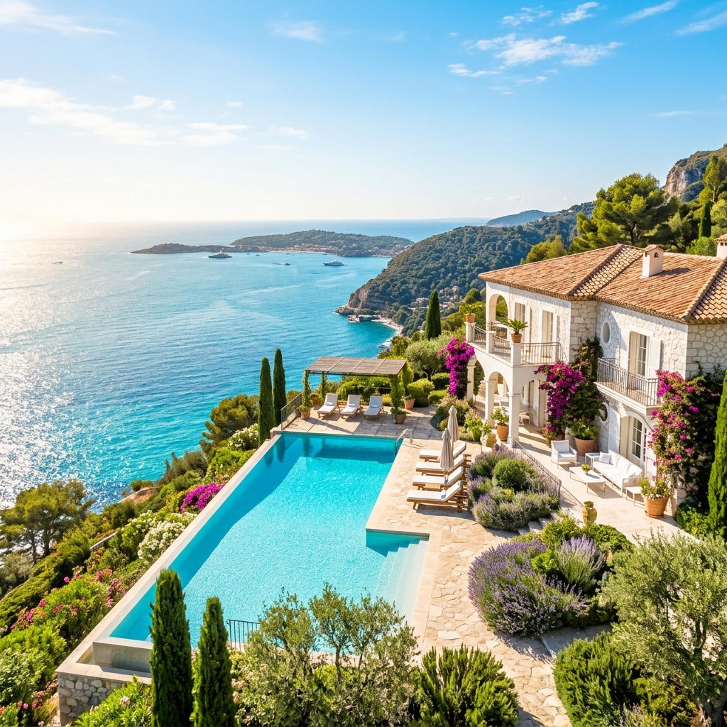 Luxury coastal villa at golden hour on the French Riviera